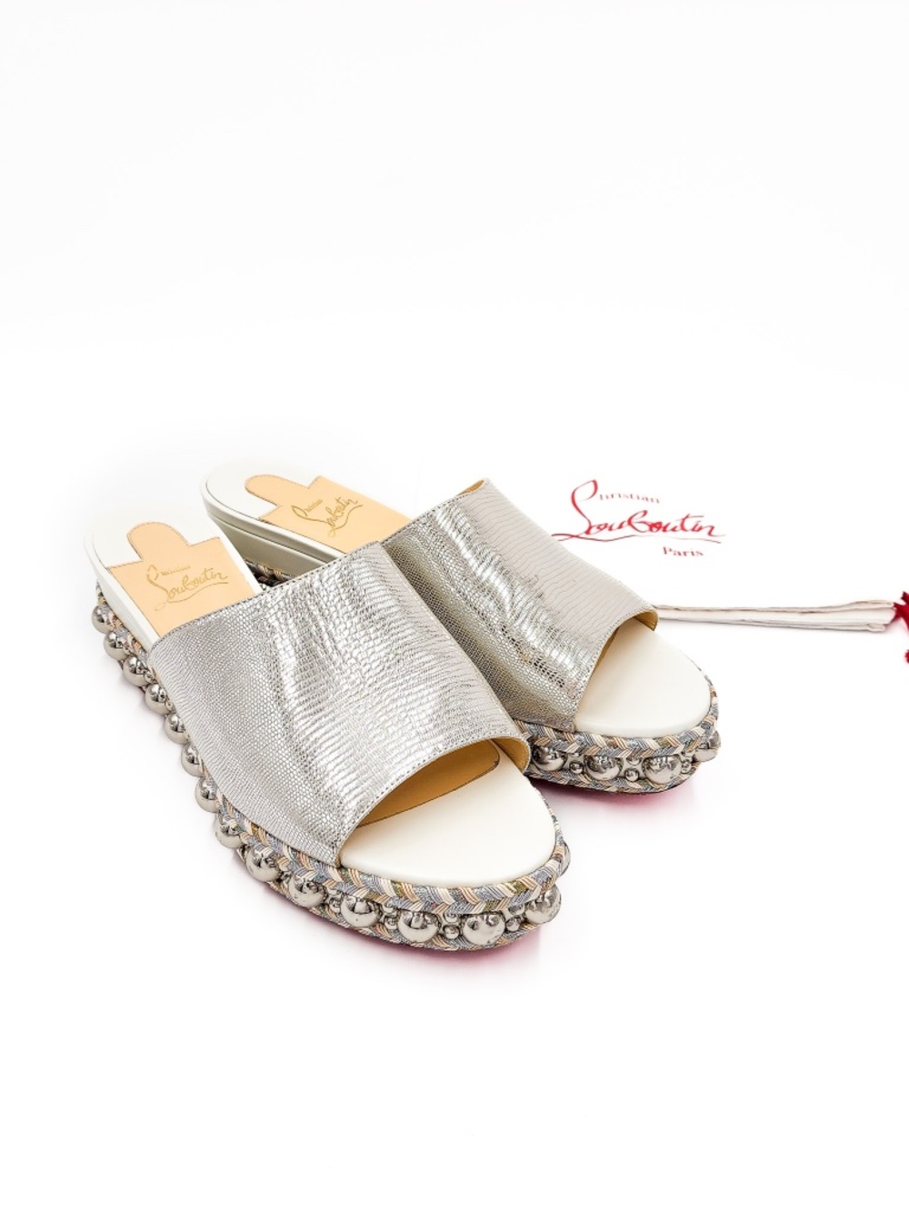 Christian Louboutin Leather Silver Studded Slip-On Platform Sandals  EU 39 - Picture 2 of 8